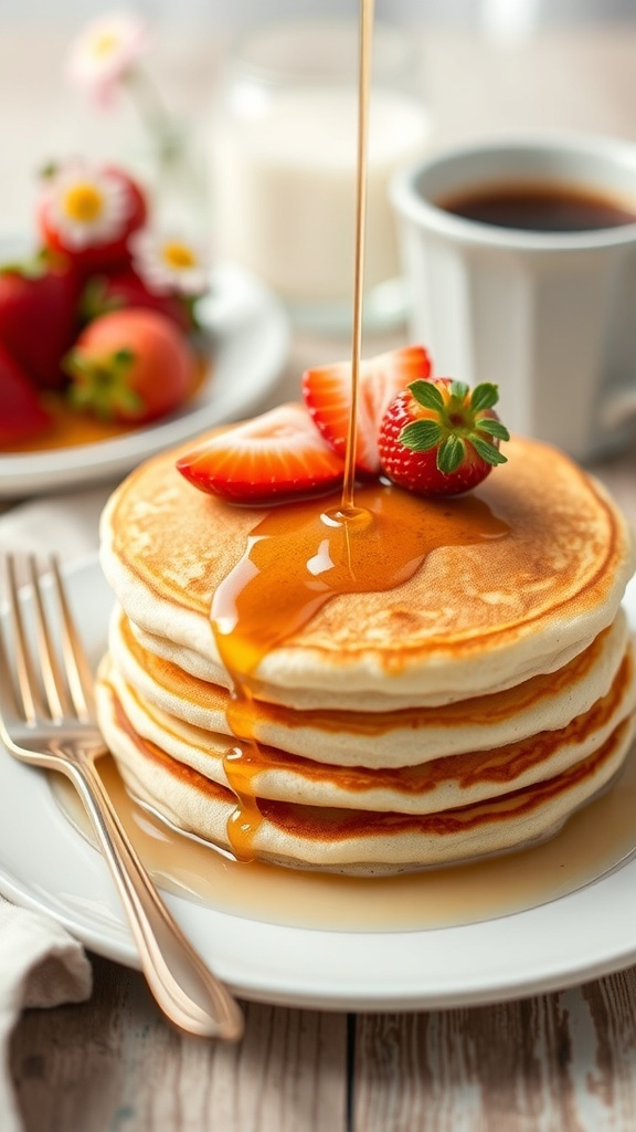 A stack of fluffy pancakes with strawberries and maple syrup on a plate.